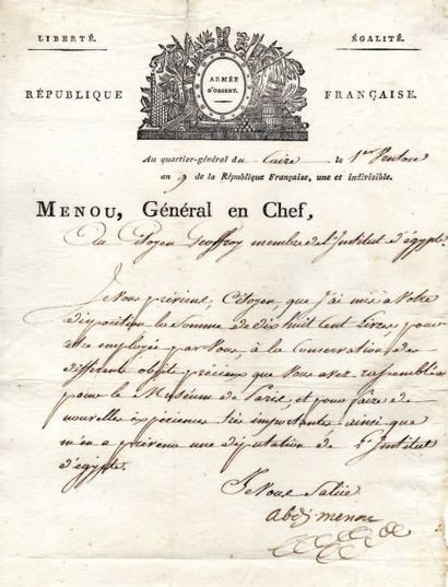Jacques-François dit Abdallah MENOU (1750-1810) général. L.S., Q.G. du Caire 1er...