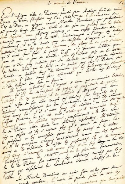 Anatole FRANCE. Manuscrit autographe, Le Miracle de l'avare, [1905] ; 14 pages in-fol....