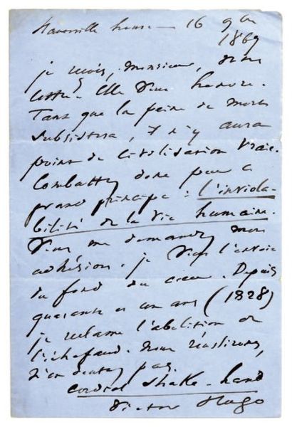 Victor HUGO. L.A.S., Hauteville House 16 novembre 1869 ; 1 page in-8 sur papier bleu...