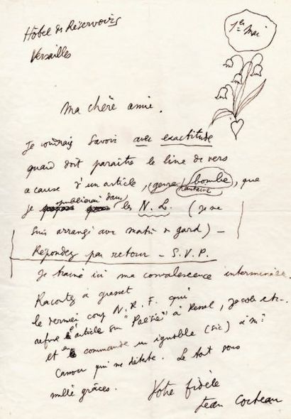 Jean COCTEAU. 2 L.A.S. dont une avec dessin, [1925], à une amie (Alice, collaboratrice...