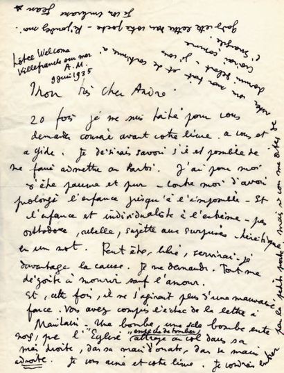 Jean COCTEAU. L.A.S. « Jean », Villefranche-sur-Mer 9 juin 1935, à André [Malraux]...