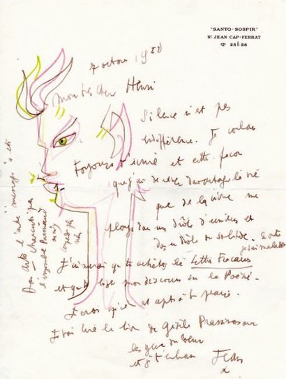 Jean COCTEAU. L.A.S. « Jean » avec dessin, Santo-Sospir 7 octobre 1952, à son cher...