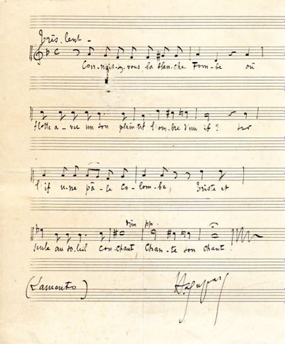 DUPARC Henri (1848-1933). manuscrit musical autographe signé, Lamento ; 1 page pet....