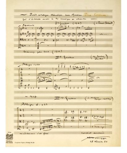 HONEGGER Arthur (1892-1955). Manuscrit musical autographe signé, Petit catalogue...