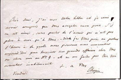 CHOPIN Frédéric (1810-1849). L.A.S., Vendredi [Paris début 1845 ?], à un ami éditeur...