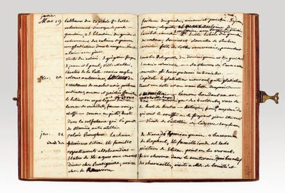 null MANUSCRIT - LIVRE DE COMPTE ET RÉCIT DE VOYAGE. [1785-1790]. In-8, basane fauve,...