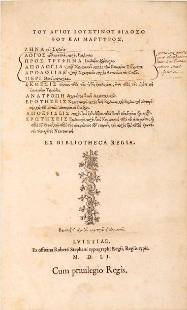 JUSTIN (Saint, Martyr). [Opera graece]. Paris, Robert Estienne, 1551. In-folio, basane...
