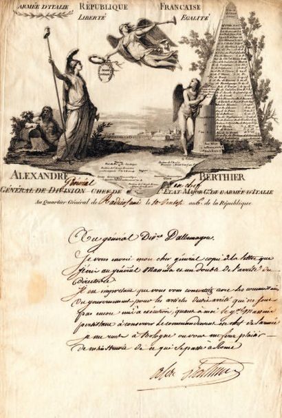 Alexandre BERTHIER. L.S., Q.G. de Radicofani 10 ventose VI (28 février 1798), au...