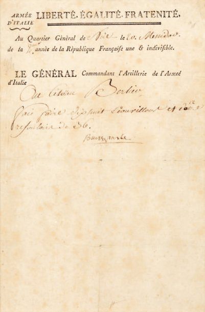 NAPOLÉON Ier. L.S. « Buonaparte », Q.G. de Nice 20 messidor II (8 juillet 1794),...