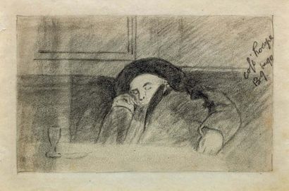 CAZALS (F.-A.) Verlaine dormant au cafe Procope. Crayon sur papier. Non signe. Date...