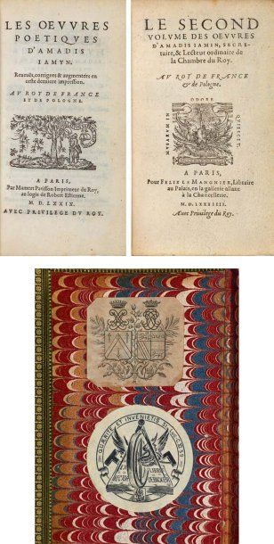 JAMYN (A.) Oeuvres poetiques. Paris, Mamert Patisson, 1579, 2 vol. in-12 de 4 ff....