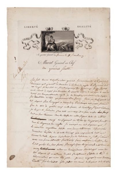 Joachim MURAT L.A.S., Q.G. de Florence 19 fl oréal IX (9 mai 1801), au général Soult...