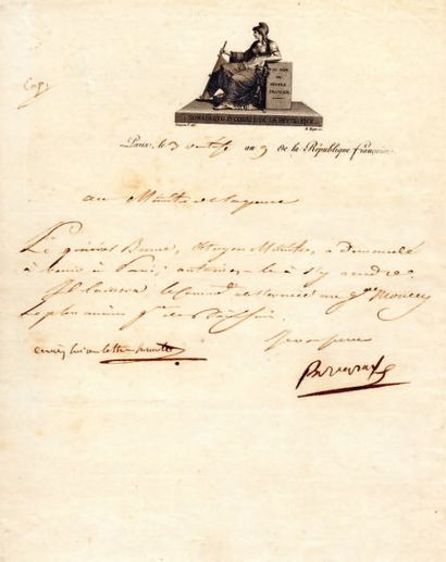 NAPOLÉON Ier L.S. « Bonaparte » avec 5 mots autographes, Paris 3 ventose IX (22 février...