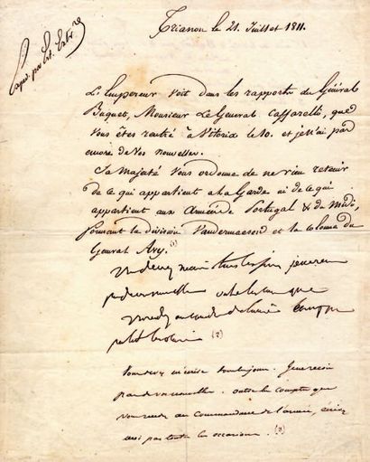 NAPOLÉON Ier Lettre en partie autographe (4 lignes) à la suite d'une lettre dictée...