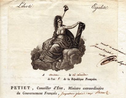 Claude PETIET (1749-1806) homme politique, ministre de la Guerre L.S., Milan 16 messidor...