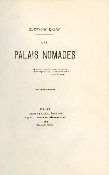 Gustave KAHN Les Palais nomades. Paris, Tresse et Stock, 1887. in-8, basane prune,...