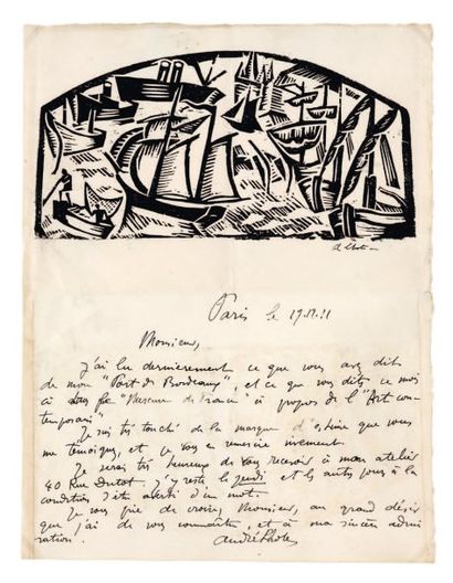 André LHOTE (1885-1962) L.A.S., Paris 19 décembre 1911, à Gustave Kahn ; 1 page grand...