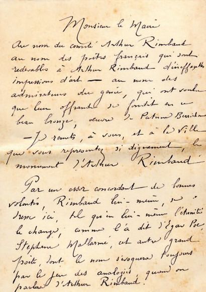 [Arthur RIMBAUD]. Gustave KAHN 3 manuscrits autographes du discours d'inauguration...