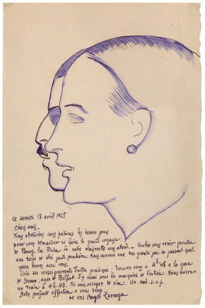 Angel ZARRAGA (1886-1946) L.A.S. avec dessin à la plume et au lavis d'encre violette,...