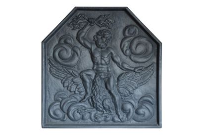 null Plaque de cheminée en fonte présentant Zeus, roi des dieux, avec ses attributs....