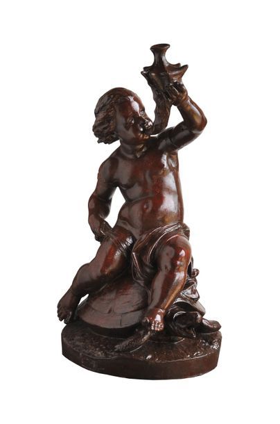 null Centre de fontaine en fonte à  l'image d'un putto chevauchant une tortue.  Modèle...