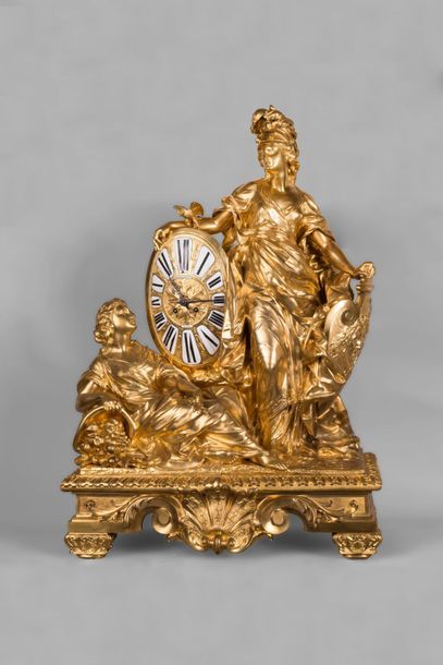 null Importante pendule en bronze doré, signée LEROLLE Frères Paris, figurant Cérès...
