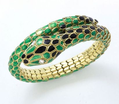 null Bracelet serpent en or 75 millièmes, entièrement articulé et émaillé vert et...