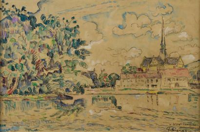 Paul SIGNAC (1863-1935) Bords de Seine, circa 1920 Aquarelle signée et dédicacée...