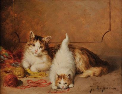 Jules LEROY (1833-1865) Deux chats jouant avec des pelotes de laine Huile sur panneau...