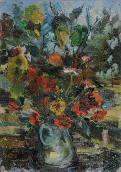 ROUBAN (Actif au XXème siècle) Bouquet de fleurs, circa 1950 Huile sur toile Signée...