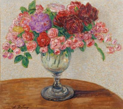 Léon DETROY (1857-1955) Bouquet de fleurs Huile sur toile (rentoilée) signée en bas...
