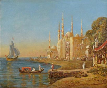 Attribué à Louis LOTTIER (1815-1892) Aux abords de la mosquée Huile sur toile, signée...