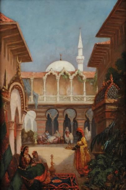 Ecole orientaliste du XIXe siècle Dans la cour du palais Huile sur toile 54 x 36,5...