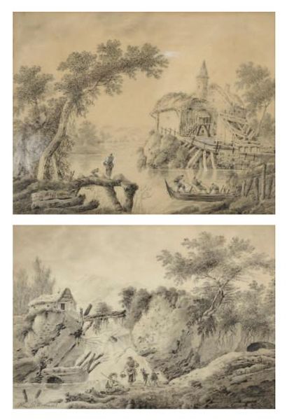 Jean PILLEMENT (Lyon 1728 - 1808) Paysage fluvial animé Paysage de cascade Crayon...