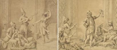 Nicolas-André MONSIAU (1754-1837) Scènes de harem Deux dessins à la plume et au lavis....