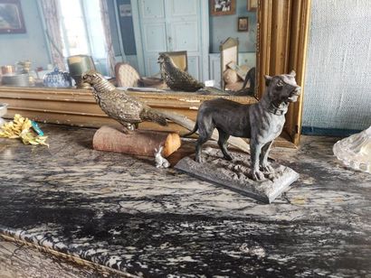  Set of three sculptures including a pewter dog, a pheasant in silver metal (accidents)...