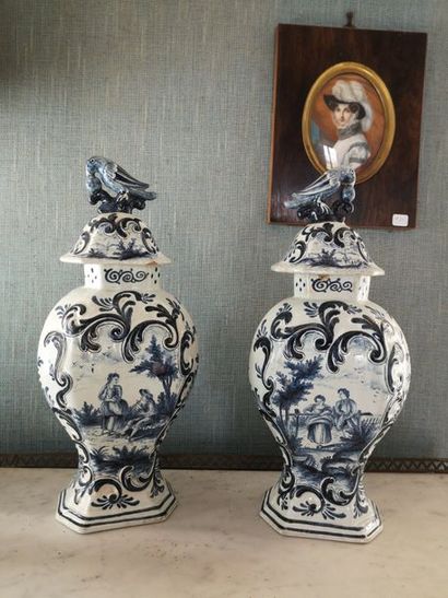 Deflt, pair of covered earthenware pots with...
