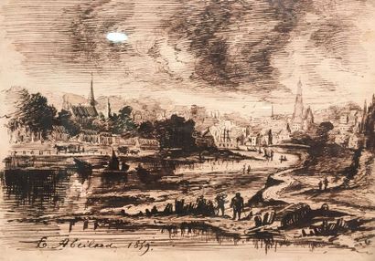 E. ABEILARD 1859. Lively landscape, city...