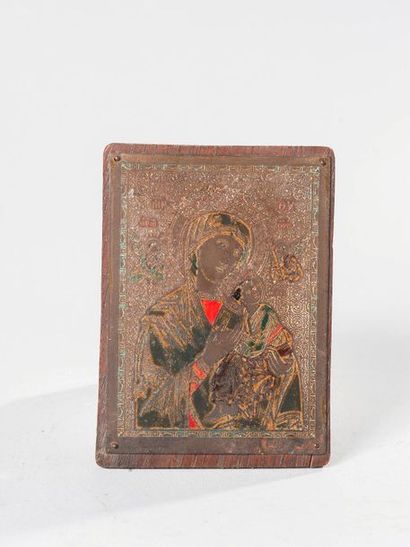Copper travel icon with enamel decoration...