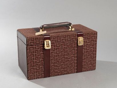 Burgundy fabric and leather vanity with geometric...