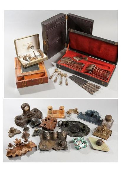 Lot including inkwells, wood carvings, boxes,...