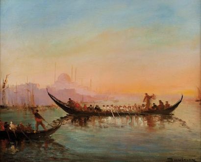 Henri DUVIEUX (1855-1882) Gondoles à Constantinople Huile sur toile. Signée en bas...