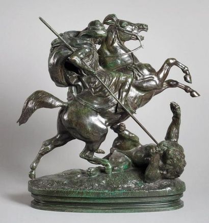 Antoine-Louis BARYE (1795-1875) Cavalier arabe tuant un lion Bronze à patine vert...