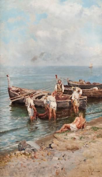 Edoardo MATANIA (1847-1929) Pêcheurs Napolitains Paire d'huiles sur toile chaque...