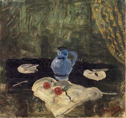 André DERAIN (1880-1954) Pichet, assiettes et fruits, circa 1948-1950 Huile sur toile...