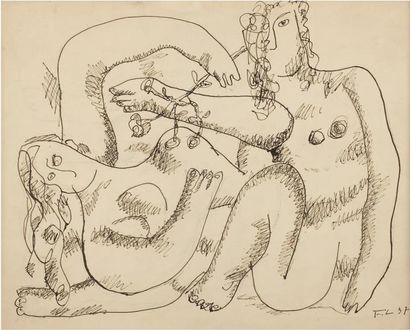 Fernand LEGER (1881-1955) Couple à la rose, 1937 Encre Monogrammée et datée en bas...