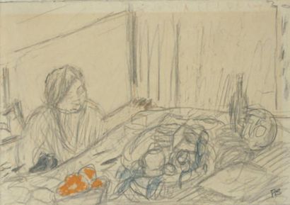 Pierre BONNARD (1867-1947) Femme dans un intérieur Fusain et aquarelle Monogrammé...