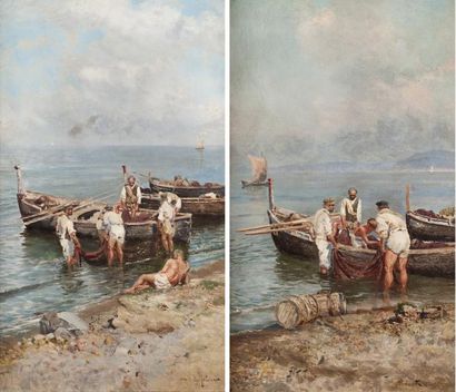 Edoardo MATANIA (1847-1929) Pêcheurs Napolitains Paire d'huiles sur toile chaque...