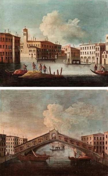 École ITALIENNE du XVIIIe siècle Vues de Venise Paire d'huiles sur toile. 59 × 73...