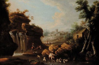 École ITALIENNE du XVIIIe siècle Paysage à la cascade Huile sur toile. 81 × 122